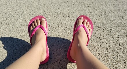 A person relaxing outdoors in pink flip-flops on a bright, sunny day.