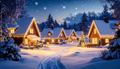 Fototapeta premium Snowy, illuminated Christmas village at night