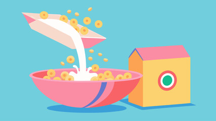 A bowl of cereal is poured into a box. The cereal is a mix of different types of cereal, including some with nuts and some with fruit