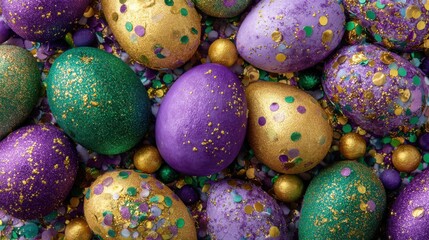 Obraz premium Colorful Easter eggs with glitter and confetti in purple, green, gold, and rich textures for festive celebrations and spring decorating ideas