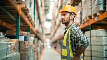 Warehouse worker in safety gear observing rows of stacked packages. Focused on inventory and logistics in a storage setting. Safety first! - Powered by Adobe