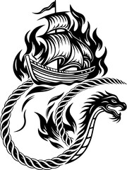 Naklejka premium SVG of Pirate Leviathan beasts captured in a striking tattoo design. Ship in Flames with Serpent Design for Bold Graphic Artwork