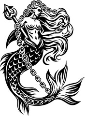 Obraz premium SVG of Pirate Leviathan beasts captured in a striking tattoo design. Elegant Mermaid Illustration with Chain and Trident in Black Design