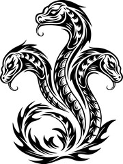 Naklejka premium SVG of Pirate Leviathan beasts captured in a striking tattoo design. Intricate Black and White Illustration of Three-Headed Serpent Design