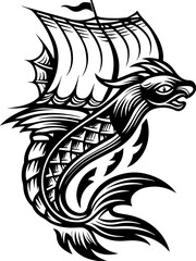 Naklejka premium SVG of Pirate Leviathan beasts captured in a striking tattoo design. Artistic Illustration of a Mythical Fish with Sailboat Design