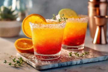 Fototapeta premium Bartender preparing a tequila sunrise cocktail with orange slice and thyme garnish on a marble board, with salt rimmed glasses and a copper shaker