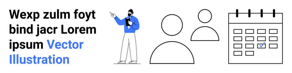 Man pointing at text, two user avatars, and calendar layout. Ideal for teamwork, tutorial, agenda, collaboration, scheduling, planning simple landing page