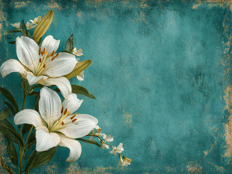 White Lily border frame announcement invitation advert template background - rustic grunge jade green textured background with a while lily flower head in bottom right corner and copy space
