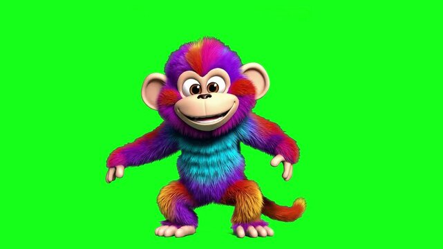 A vibrant, rainbow-colored 3D monkey dances energetically on a green screen background. With vivid hues and high-energy moves, this animated character is ideal for psychedelic themes, music videos, or