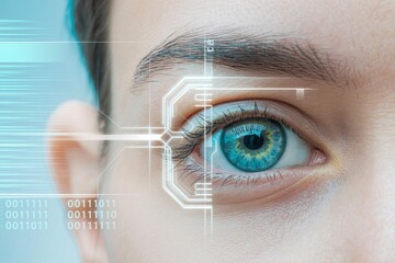 Close up of human eye with biometric scanner interface for identity recognition and digital security.