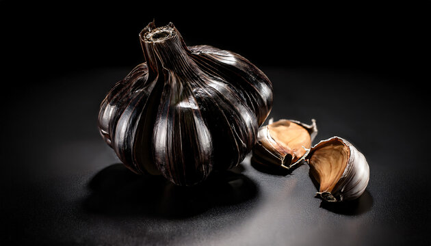 Black garlic bulbs on a matte black surface with subtle spotlighting to highlight the wrinkled, darkened cloves.