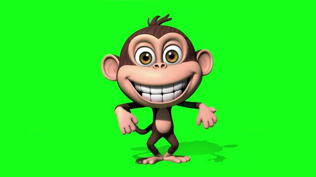 Playful 3D animation of a cartoon monkey dancing cheerfully on a green screen background. The monkey moves rhythmically with a big smile, great for children's projects, jungle-themed content, or fun m