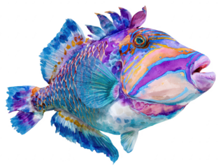 Watercolor painting of a colorful tropical fish with vibrant blue, purple, and orange markings on a white background shows intricate detail at the fin 140