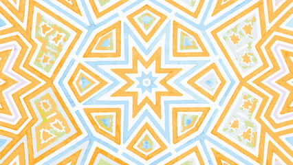 Kaleidoscopic design with orange and blue geometric shapes radiating from a central starburst pattern