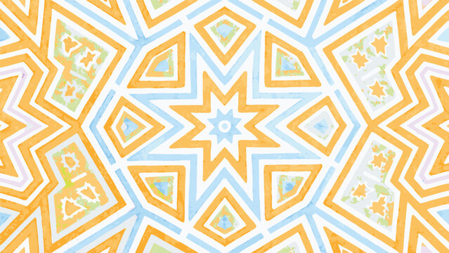 Kaleidoscopic design with orange and blue geometric shapes radiating from a central starburst pattern