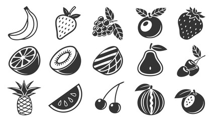 Illustration of a variety of fruits including banana strawberry and pineapple in black and white style