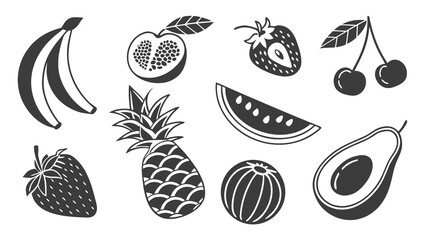 A collection of various fruits including bananas peach strawberry pineapple watermelon avocado and cherries