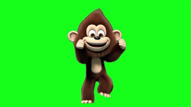 Playful 3D animation of a cartoon monkey dancing cheerfully on a green screen background. The monkey moves rhythmically with a big smile, great for children's projects, jungle-themed content, or fun m