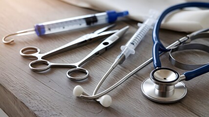 Medical instruments on a wooden surface arranged for examination and surgical procedures in a healthcare setting