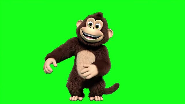 Playful 3D animation of a cartoon monkey dancing cheerfully on a green screen background. The monkey moves rhythmically with a big smile, great for children's projects, jungle-themed content, or fun m