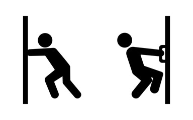 Stickman figure human cartoon silhouettes. people pushing the door and people pulling the door.