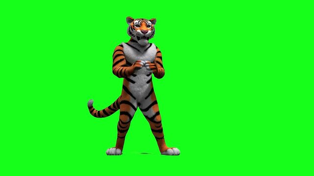Energetic 3D animation of a muscular cartoon tiger dancing confidently, isolated on a green screen. The tiger performs dynamic moves, perfect for action-themed animations, kids' content, or promotiona