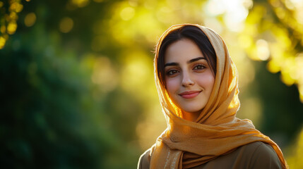 Young woman in headscarf smiling in golden hour sunlight