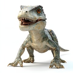 Fototapeta premium A captivating full shot of a Baryonyx dinosaur standing. Isolated against a white background, it showcases the creature's formidable teeth, scaled skin and striking features for a vibrant image.