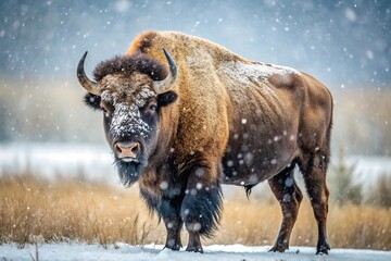 A majestic bison stands in a snowy field during a winter storm
