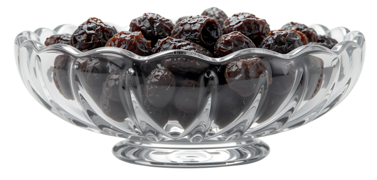  Crystal-clear round footed glass bowl with a scalloped edge, brimming with dark raisins. Isolated on white with soft shadow beneath.

