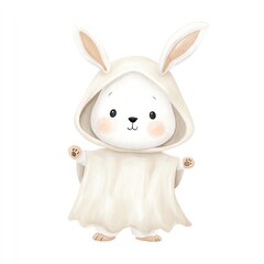 Obraz premium Adorable Watercolor Bunny in a Ghost Costume, playfully posing against a white background. Sweet and charming illustration.