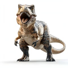 Fototapeta premium A ferocious Tyrannosaurus Rex roars, showcasing its power and sharp teeth. Beige-brown coloring and mottled details highlight its prehistoric nature. Mythical creature isolated on a white background.