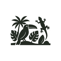 Tropical Toucan and Lizard: A toucan and a lizard share a tropical landscape with palm trees and lush foliage in a minimalist black and white illustration.