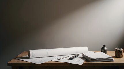 Architectural plans and drafting materials arranged on a wooden desk in a well-lit workspace