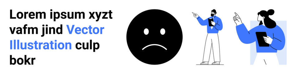 Fototapeta premium Sad face emotion with two professionals interacting using tablets and pointing to text blocks. Ideal for communication, teamwork, emotions, digital tools, professional scenarios, feedback, simple