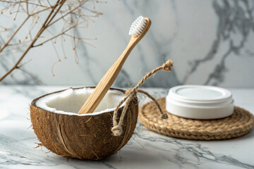 Natural bamboo toothbrush in coconut shell with skincare product