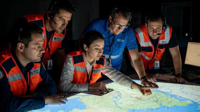 A team of emergency dispatchers in a control room analyze a map on a glowing table, coordinating a response for crisis management, security and strategic planning in a mission
