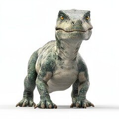 Obraz premium Detailed juvenile Tyrannosaurus Rex rendering. Grey-green scales, amber eyes, powerful build. A fierce young predator. Mythical creature isolated on a white background.