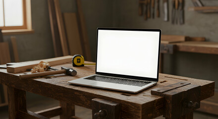 Laptop on Workbench Mockup Blank Screen Craftsman Workspace Woodworking Tools Design Technology