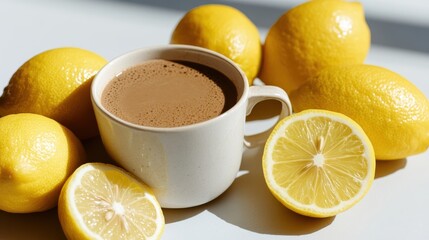Warm Cup of Hot Chocolate with Fresh Lemons Creating Cozy Atmosphere