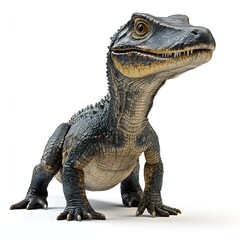 Fototapeta premium Detailed illustration of a young Tyrannosaurus Rex. Realistic scales, amber eyes, and sharp claws on a plain white background. Mythical creature isolated on a white background.