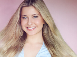 Naklejka premium Golden blonde hair, radiant glow, natural skincare and feminine beauty. Woman with flawless complexion, blue eyes and graceful smile, classic beauty model portrait