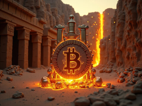 Futuristic Bitcoin Symbol in a Volcanic Temple Landscape clock on 