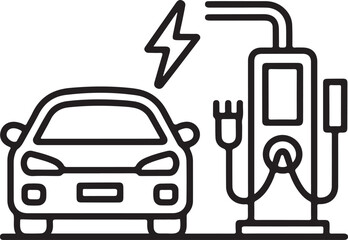 Black and white illustration of an electric car charging at a charging station with a lightning bolt symbol