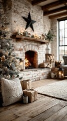 Cozy winter living room with decorated tree and warm fireplace near large window