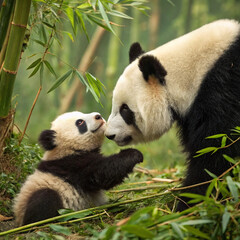 Obraz premium Giant panda bear eating bamboo, a rare endangered mammal in the wild