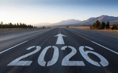 New year 2026 written on the road in the middle of asphalt road at sunset. Concept of planning , challenge,
