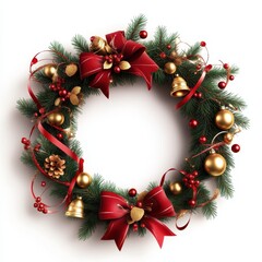 A festive Christmas wreath decorated with red ribbons, golden ornaments, pine cones, bells, and berries on green pine branches.