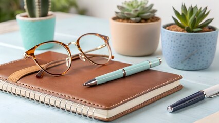 Neatly arranged office supplies on a light blue wooden desk include a brown notebook, stylish eyeglasses, and pens next to green potted plants.