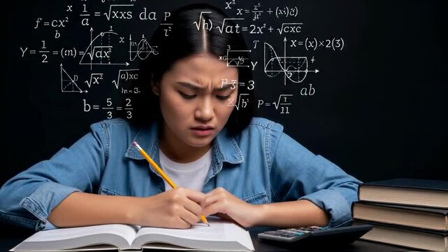 Confused female student struggles with complex math formulas on a blackboard, symbolizing academic pressure, exam preparation and the challenges of modern education and science - Powered by Adobe